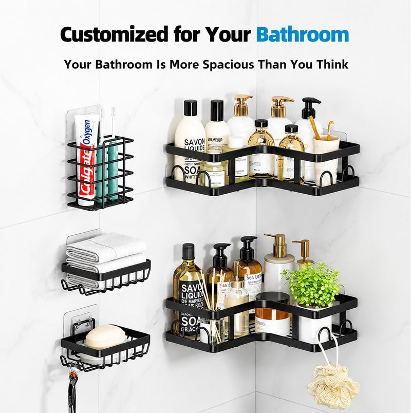 O2. 5 Pack Black Corner Shower Caddy Set, Adhesive Rustproof Stainless Steel Bathroom Organizer with 2 Corner Shelves, 2 Soap Holders and 1 Toothbrush Holder, No Drilling Shower Storage Rack for Tile, Marble, Glass and Metal Surfaces - Image 5