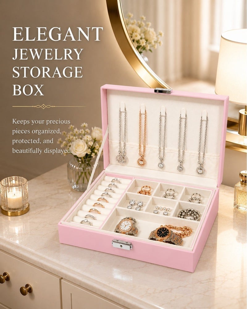 O2. Jewelry Box Organizer for Women, Pink Accessories Organizer with Key Lock, Multiple Compartments, Necklace Hooks, Ring Slots and Soft Lining, Jewelry Storage Box for Earrings, Bracelets, Watches and Accessories, 23 × 17 × 9 cm - Image 1