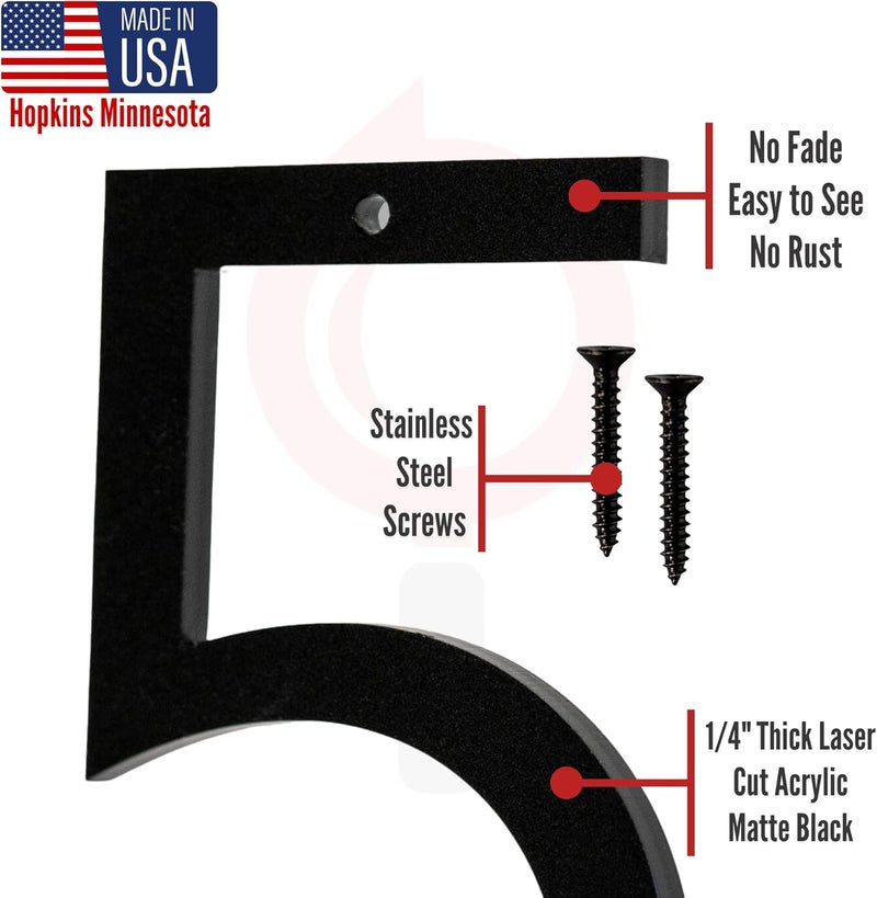 Discovered Designs 5" (5) Modern Address House Numbers for Outside - Easy to Install 3D Matte Black Acrylic Individual Numbers for Address on House, Weatherproof No Rust, Made in USA, Includes 2 - 3/4" Screws, Door Mailbox Number Home Address Number - Image 5
