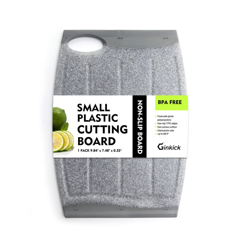 Ginkick Small Plastic Cutting Board 7.48"" Mini Cutting Board For Small Kitchen Task Non Slip Cutting Board Unique Design With Multiple Juice Grooves! Bpa Free Dishwasher Safe Easy Grip Handle (Grey) - Image 1