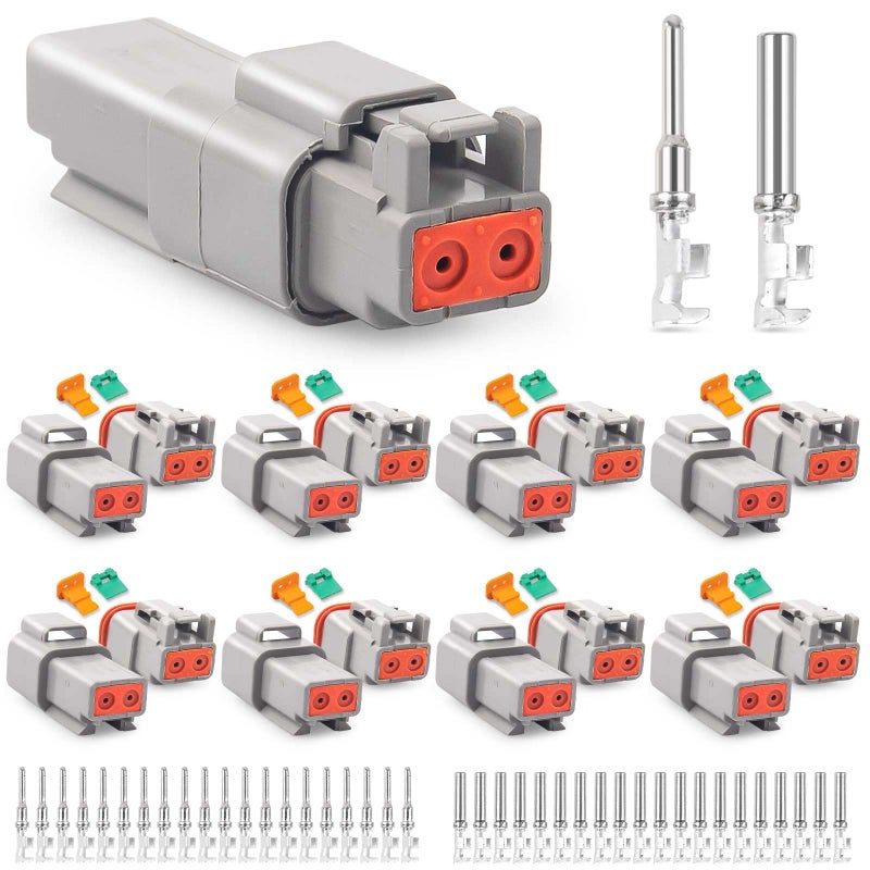 JRready ST6327202 Deutsch DT 2 Pin Gray Connector 8 set Size 16 Stamped Contacts 1418AWG Waterproof Automotive Electrical Connectors