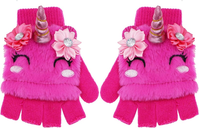 Newfancy Kids Unicorn Flip Top Gloves with Mitten Cover Knitted Winter Fingerless Convertible Mittens for Boy Girls Toddler - Image 1
