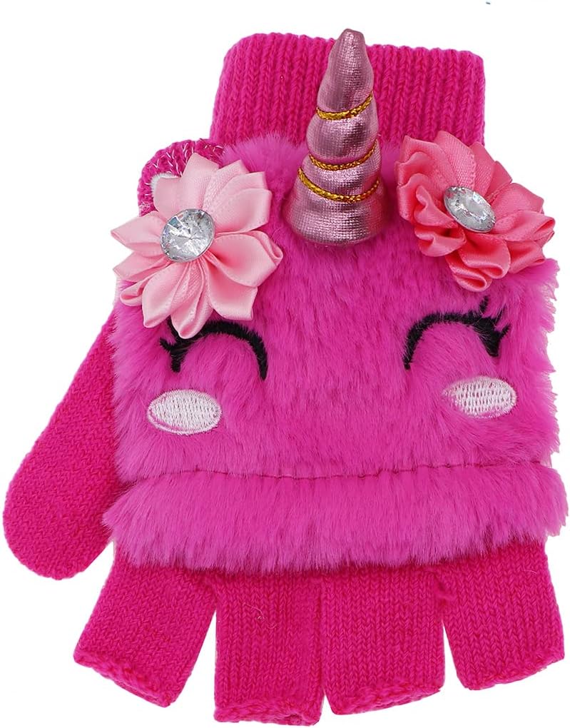 Newfancy Kids Unicorn Flip Top Gloves with Mitten Cover Knitted Winter Fingerless Convertible Mittens for Boy Girls Toddler - Image 3