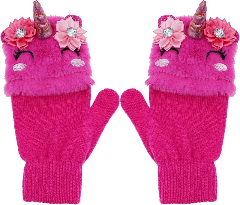 Newfancy Kids Unicorn Flip Top Gloves with Mitten Cover Knitted Winter Fingerless Convertible Mittens for Boy Girls Toddler - Image 2