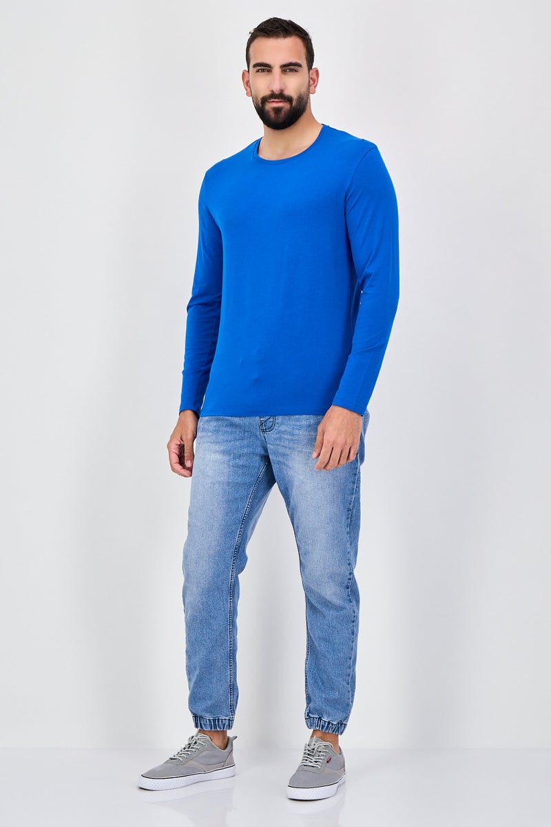 Celio Men Crew Neck Long Sleeve Plain T-Shirt, Blue - Image 4