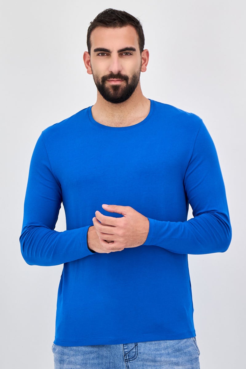 Celio Men Crew Neck Long Sleeve Plain T-Shirt, Blue - Image 1