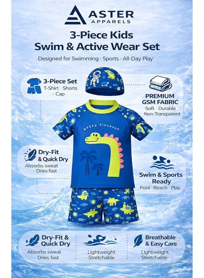 ASTER APPARELS Boys Swim Set with Galactic Astronaut and Happy Dinosaur Graphics, 3 Piece Rashguard T-Shirts, Shorts and Cap Set (in, Age, 2 Years, 3 Years, Regular, Dino Navy) - Image 4