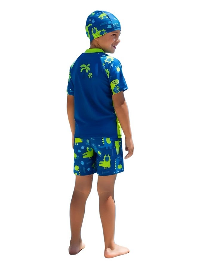 ASTER APPARELS Boys Swim Set with Galactic Astronaut and Happy Dinosaur Graphics, 3 Piece Rashguard T-Shirts, Shorts and Cap Set (in, Age, 2 Years, 3 Years, Regular, Dino Navy) - Image 3