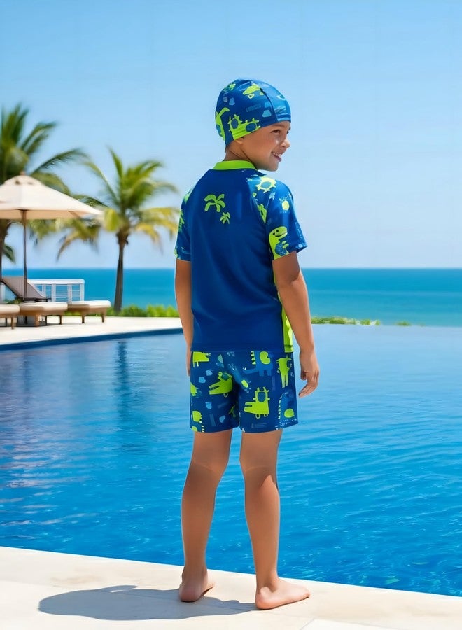 ASTER APPARELS Boys Swim Set with Galactic Astronaut and Happy Dinosaur Graphics, 3 Piece Rashguard T-Shirts, Shorts and Cap Set (in, Age, 2 Years, 3 Years, Regular, Dino Navy) - Image 2