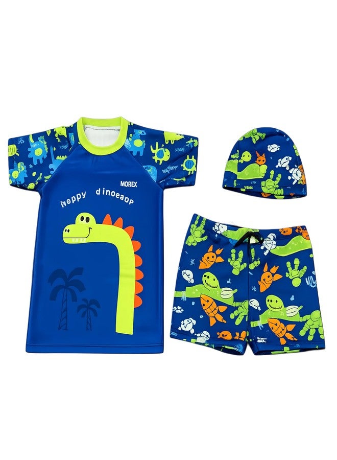 ASTER APPARELS Boys Swim Set with Galactic Astronaut and Happy Dinosaur Graphics, 3 Piece Rashguard T-Shirts, Shorts and Cap Set (in, Age, 2 Years, 3 Years, Regular, Dino Navy) - Image 1