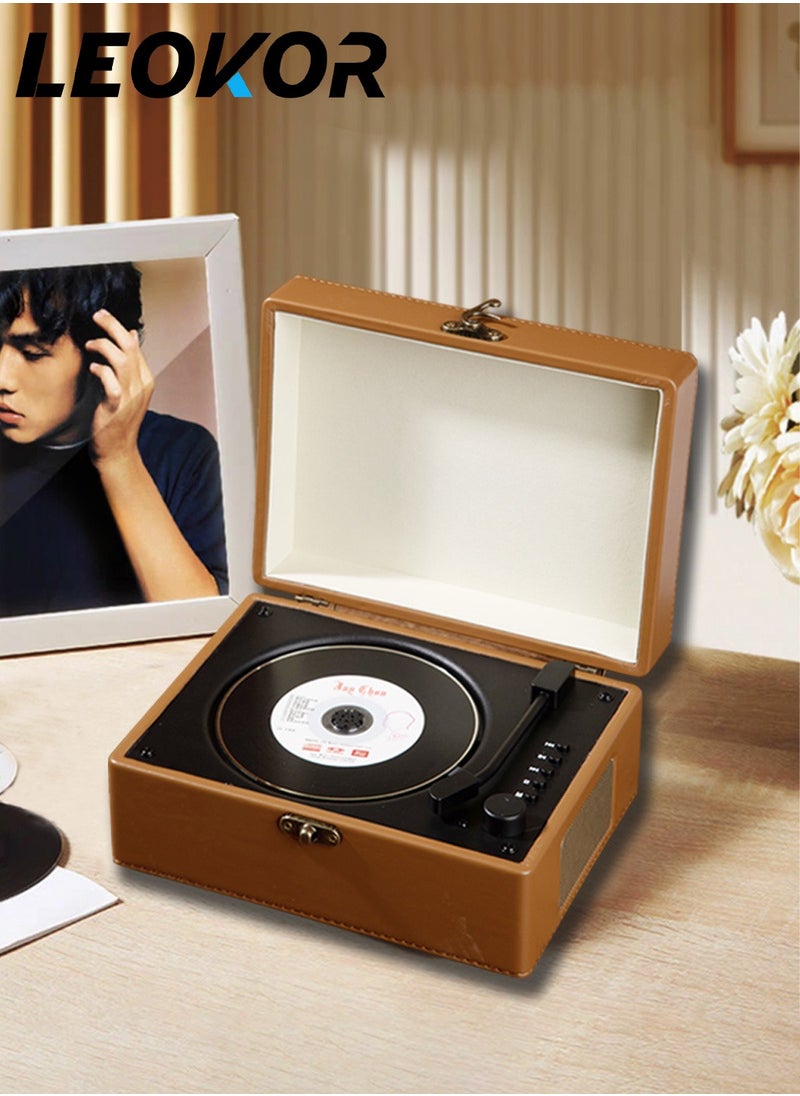 Vinyl Record Retro CD Player,Bluetooth 5.0 Portable Desktop CD Player Speaker,Vintage Leather Case Stylish and Functional Music Player for Entertainment and Home Decoration（Brown）