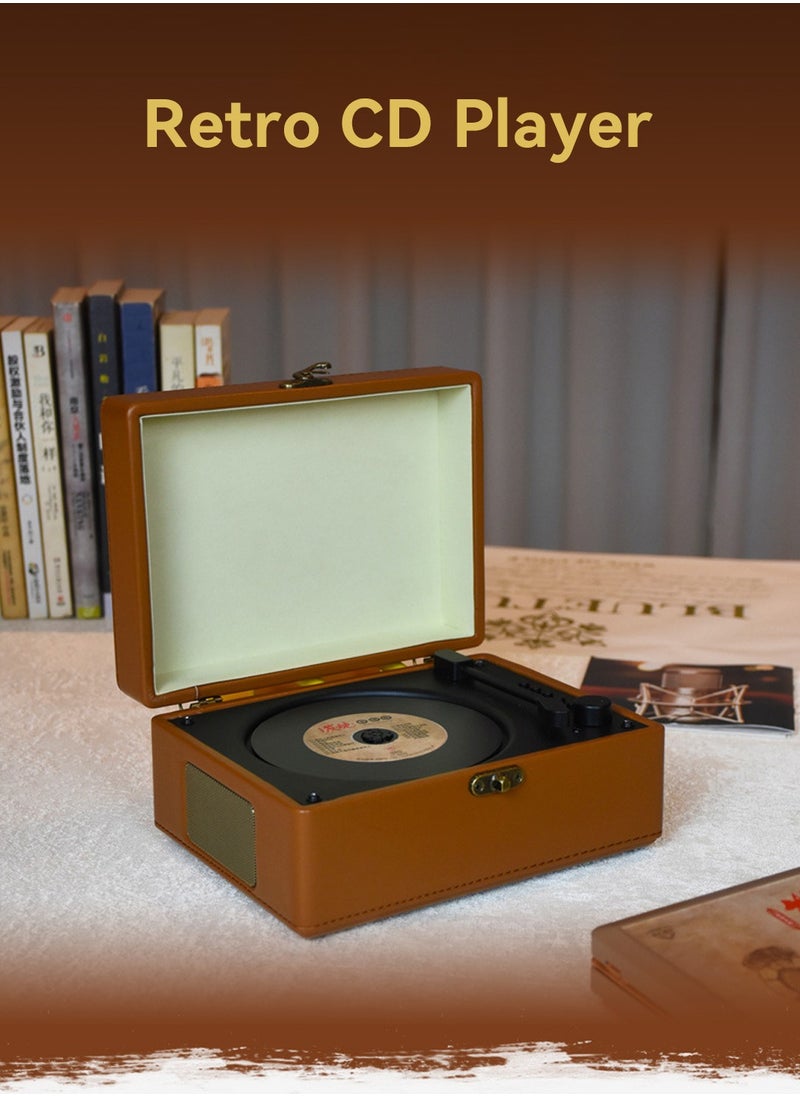 Vinyl Record Retro CD Player,Bluetooth 5.0 Portable Desktop CD Player Speaker,Vintage Leather Case Stylish and Functional Music Player for Entertainment and Home Decoration（Brown）
