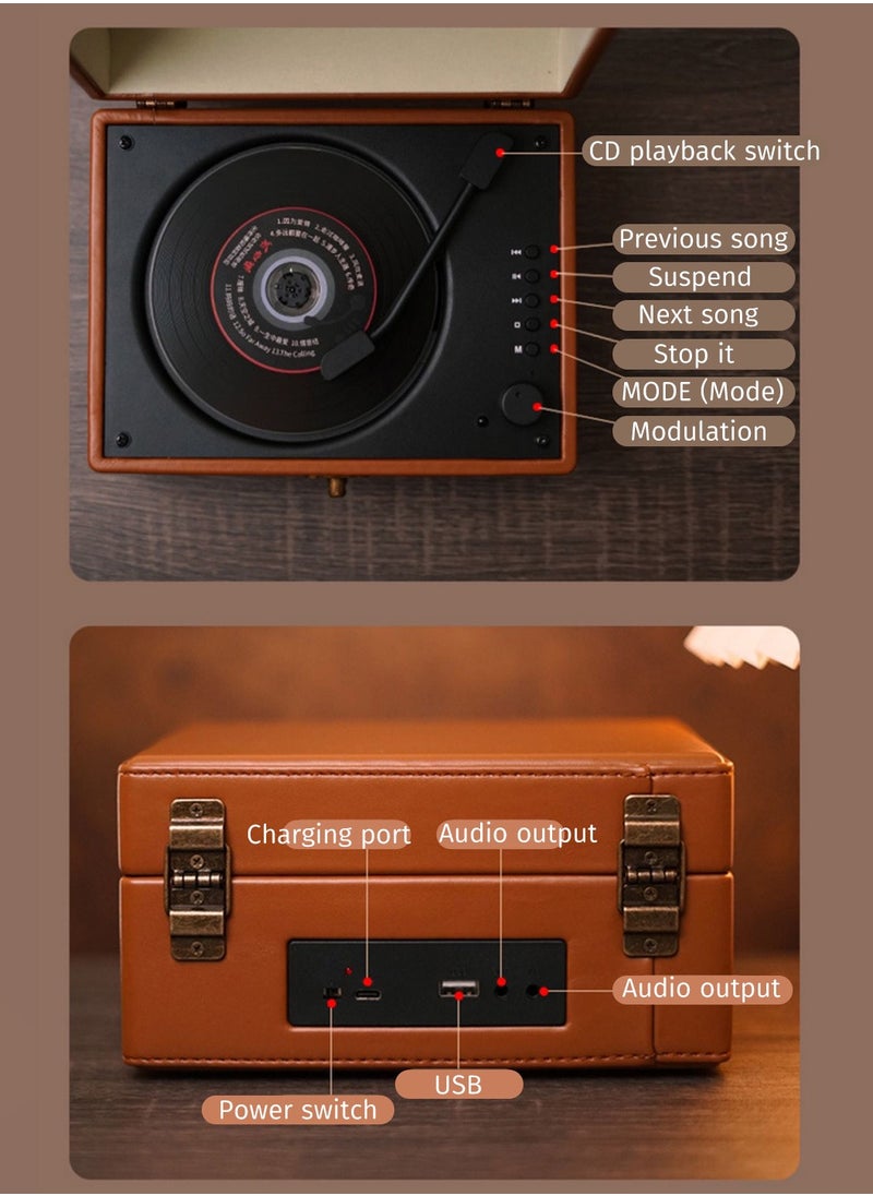 Vinyl Record Retro CD Player,Bluetooth 5.0 Portable Desktop CD Player Speaker,Vintage Leather Case Stylish and Functional Music Player for Entertainment and Home Decoration（Brown）