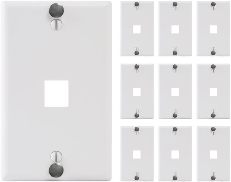 ICC 1-Port Keystone Wall Plate (10 Pack), UL Listed, Durable ABS Plastic with Telephone Hanging Standoffs, Single Gang Wall Plate for RJ45, RJ11/RJ12 6P6C Jack, White - Image 1