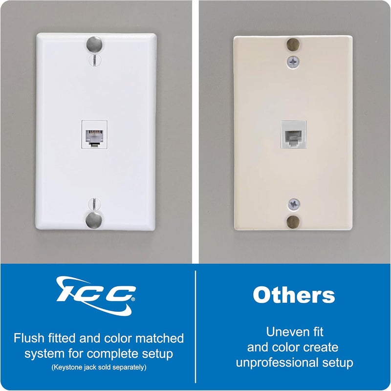 ICC 1-Port Keystone Wall Plate (10 Pack), UL Listed, Durable ABS Plastic with Telephone Hanging Standoffs, Single Gang Wall Plate for RJ45, RJ11/RJ12 6P6C Jack, White - Image 5