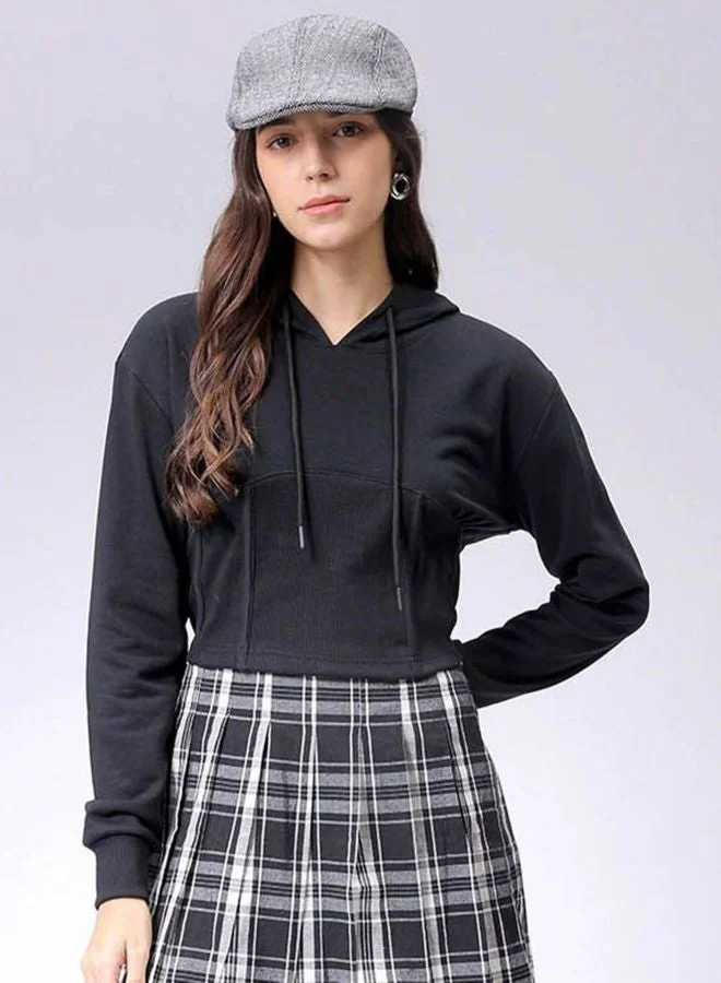 Women Regular Fit Solid Hooded Neck Long Sleeve Corset Sweatshirt