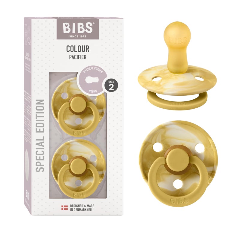 BIBS Pacifiers Colour Collection | Natural Rubber Baby Pacifier | Set of 2 BPA-Free Soothers | Made in Denmark | 6+ Months (Pack of 2) | Mustard/Ivory Tie Dye - Image 1