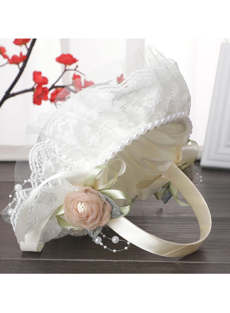 Captaintech Flower Girl Basket for Wedding, White Lace Flower Basket with Beading Satin Flower Basket with Silk Rose Flower and Pearl for Wedding Ceremony Party Decoration - Image 4