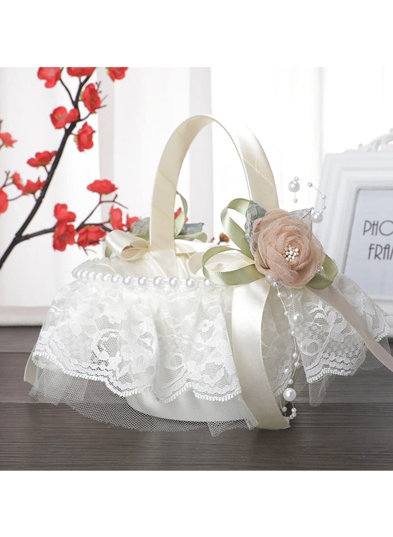 Captaintech Flower Girl Basket for Wedding, White Lace Flower Basket with Beading Satin Flower Basket with Silk Rose Flower and Pearl for Wedding Ceremony Party Decoration - Image 3