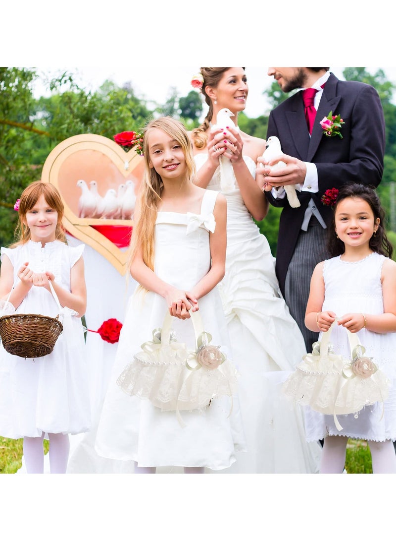 Captaintech Flower Girl Basket for Wedding, White Lace Flower Basket with Beading Satin Flower Basket with Silk Rose Flower and Pearl for Wedding Ceremony Party Decoration - Image 2