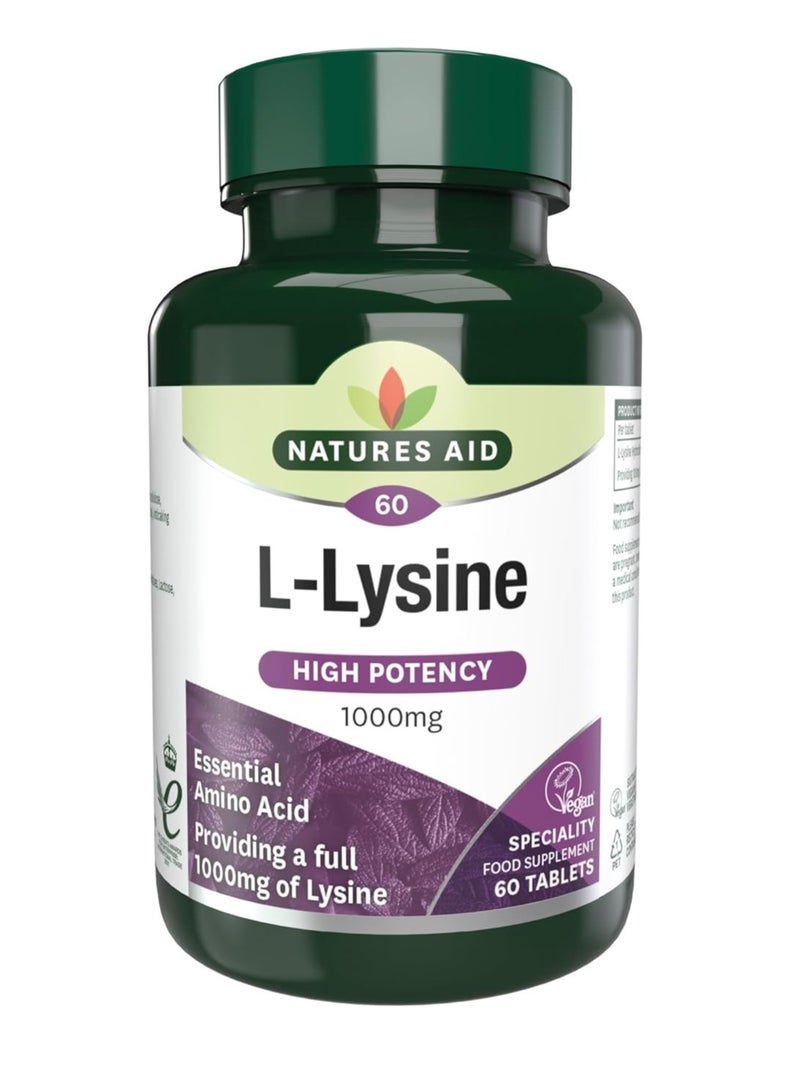 Natures Aid L-Lysine 1000 Mg, High Potency Essential Amino Acid, Vegan, 60 Tablets
