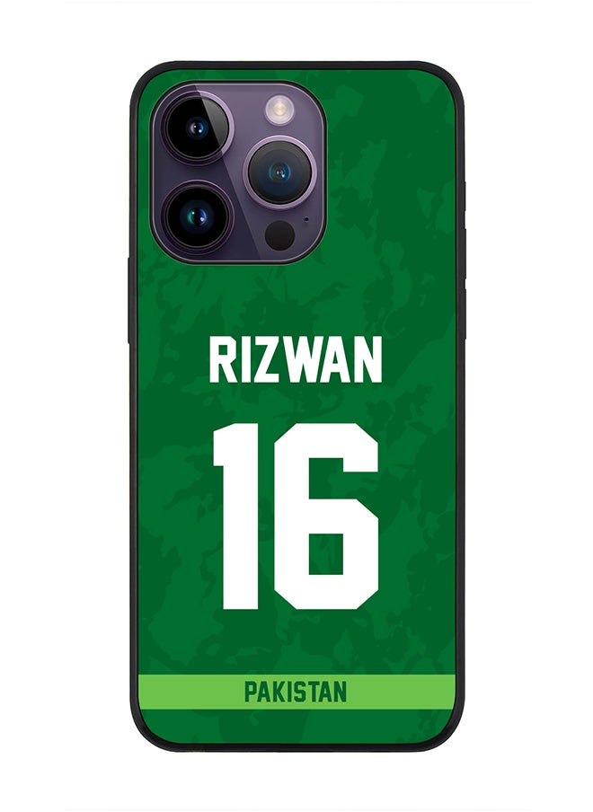 Rugged Black Edge Case iPhone 14 Pro, Slim fit Soft Case Flexible Rubber Edges Thin Cover - Player Name - Mohammad Rizwan, Jersey Number- 16
