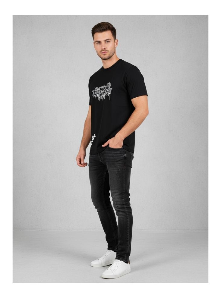 Premium Black Graphic Print T-Shirt for Men – White Drip Graffiti Design, Short Sleeve Urban Tee - Image 1