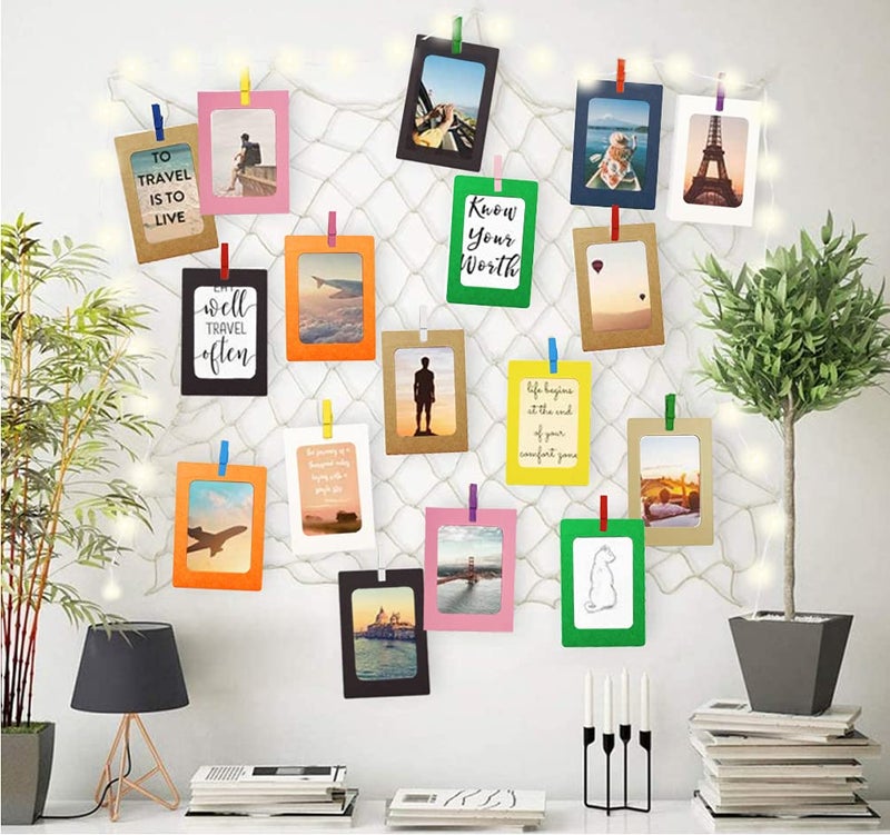 INFIPRISES Photo Hanging Wall Decoration Collage Fishing Net Picture Frame with 50 Led Fairy String Light, 20 MultiColour Hanging Display Paper Photo Frame and 20 Color Clothespins, Wall Decor Display Photo Picture Frame (Net Size: 150x150cm, Light Size: 5 Mtr) - Image 1