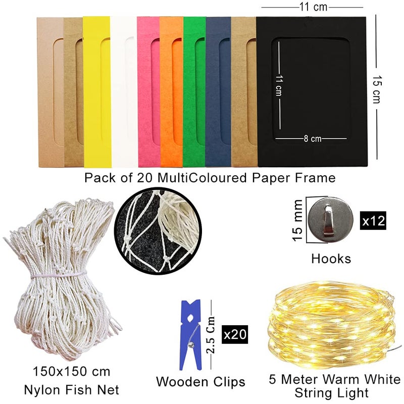 INFIPRISES Photo Hanging Wall Decoration Collage Fishing Net Picture Frame with 50 Led Fairy String Light, 20 MultiColour Hanging Display Paper Photo Frame and 20 Color Clothespins, Wall Decor Display Photo Picture Frame (Net Size: 150x150cm, Light Size: 5 Mtr) - Image 3