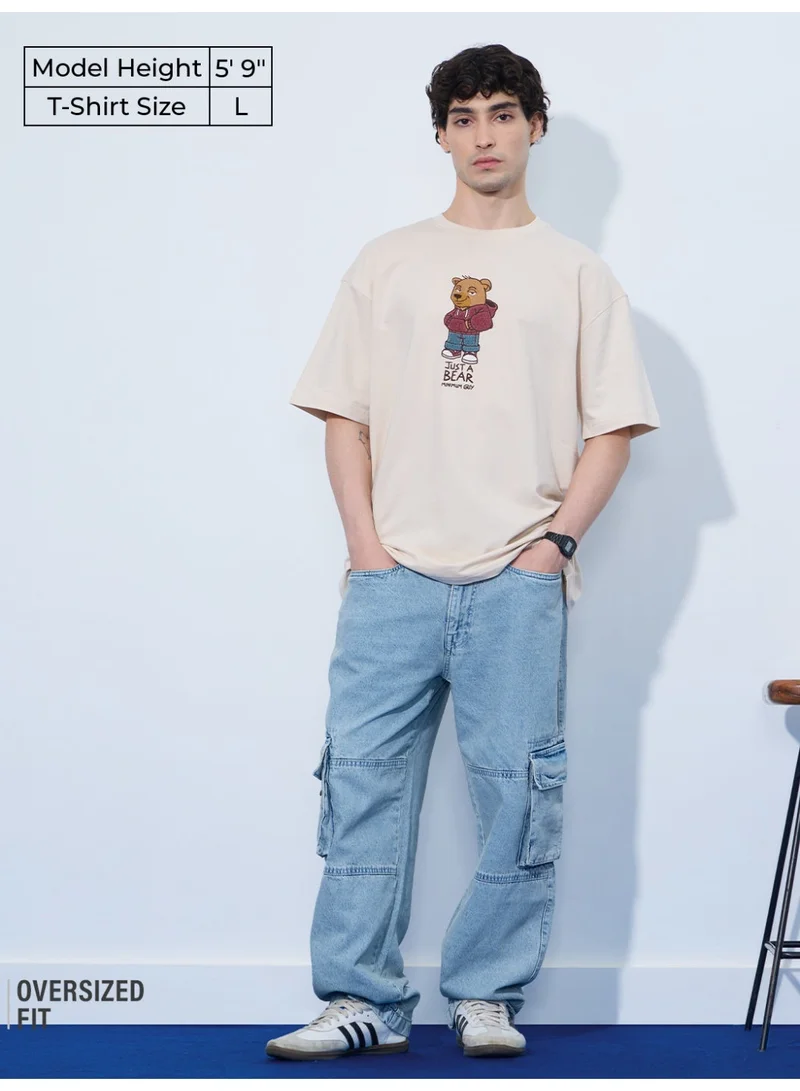 The Souled Store The Souled Store Oversized T-Shirt: Bear Minimum Men and Boys Short Sleeves Round Neck Beige Graphic Printed Cotton Oversized T-Shirts