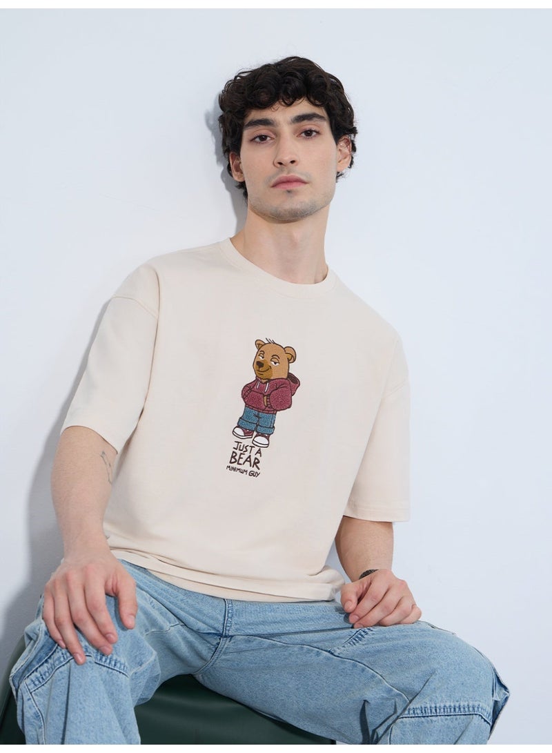 The Souled Store Oversized T-Shirt: Bear Minimum Men and Boys Short Sleeves Round Neck Beige Graphic Printed Cotton Oversized T-Shirts - Image 3