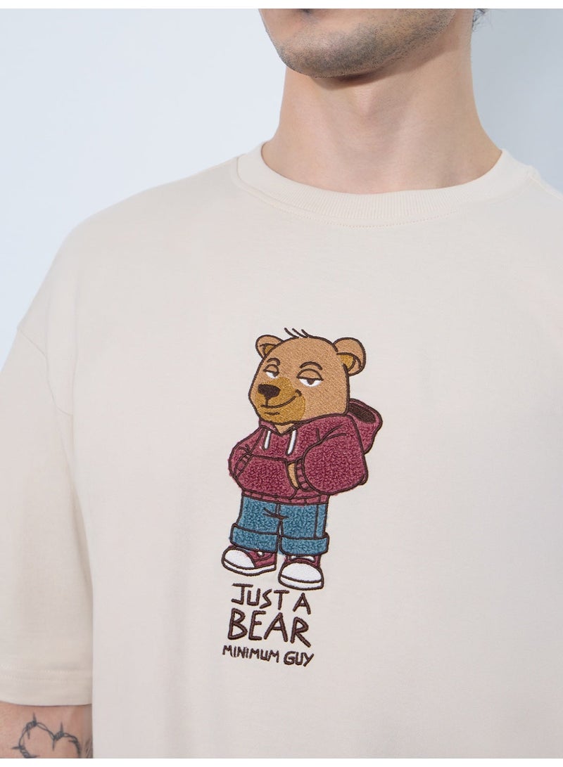 The Souled Store Oversized T-Shirt: Bear Minimum Men and Boys Short Sleeves Round Neck Beige Graphic Printed Cotton Oversized T-Shirts - Image 5