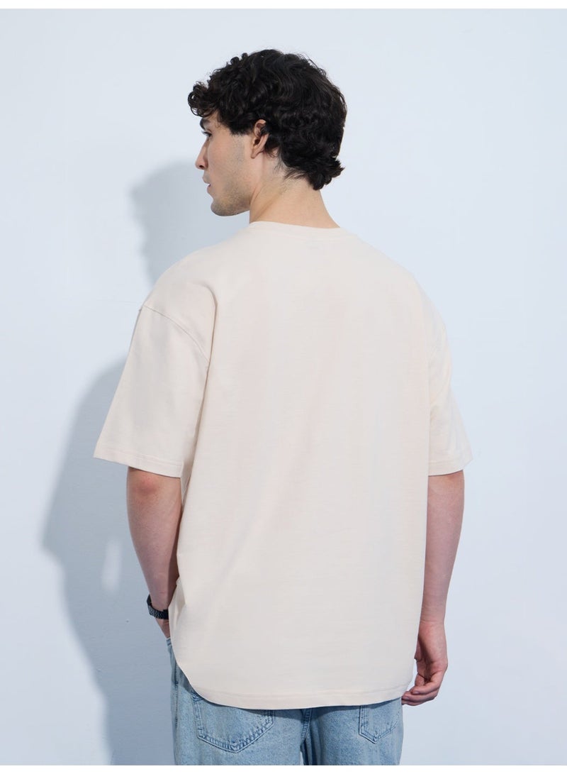 The Souled Store Oversized T-Shirt: Bear Minimum Men and Boys Short Sleeves Round Neck Beige Graphic Printed Cotton Oversized T-Shirts - Image 4