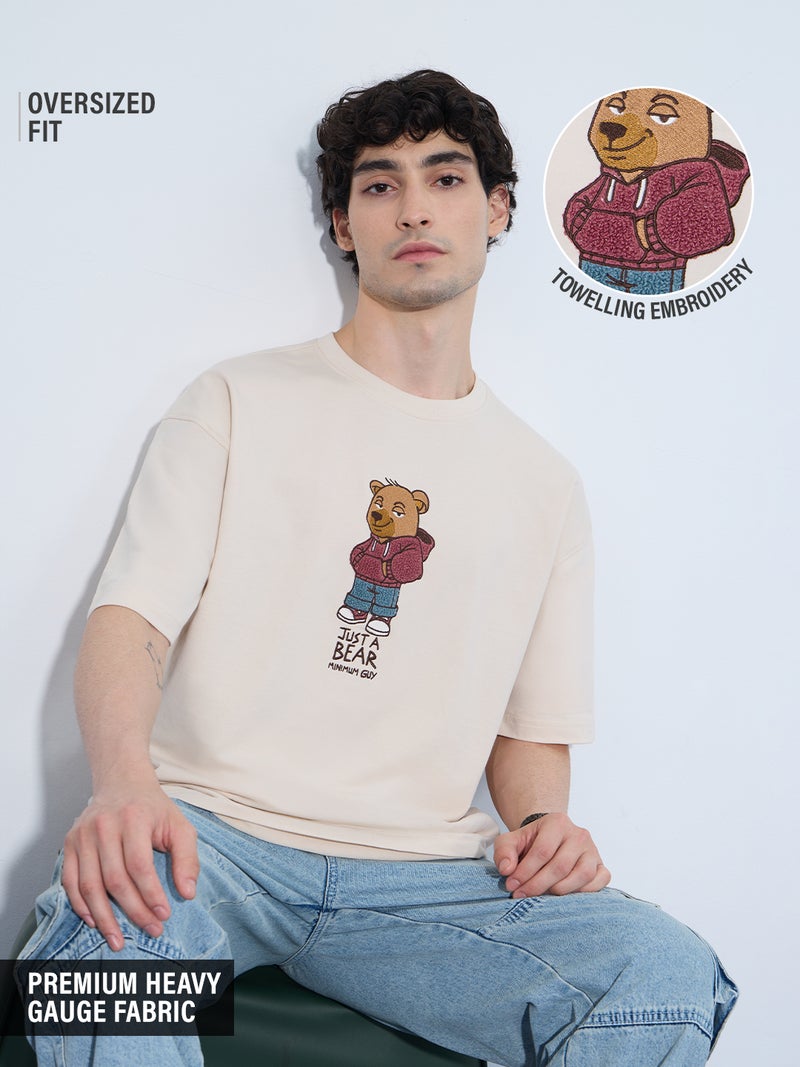 The Souled Store Oversized T-Shirt: Bear Minimum Men and Boys Short Sleeves Round Neck Beige Graphic Printed Cotton Oversized T-Shirts - Image 1