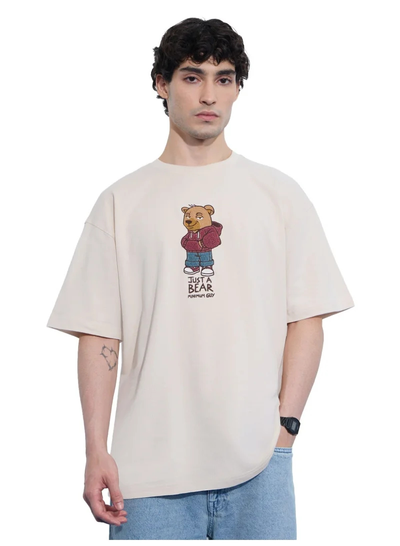 The Souled Store The Souled Store Oversized T-Shirt: Bear Minimum Men and Boys Short Sleeves Round Neck Beige Graphic Printed Cotton Oversized T-Shirts