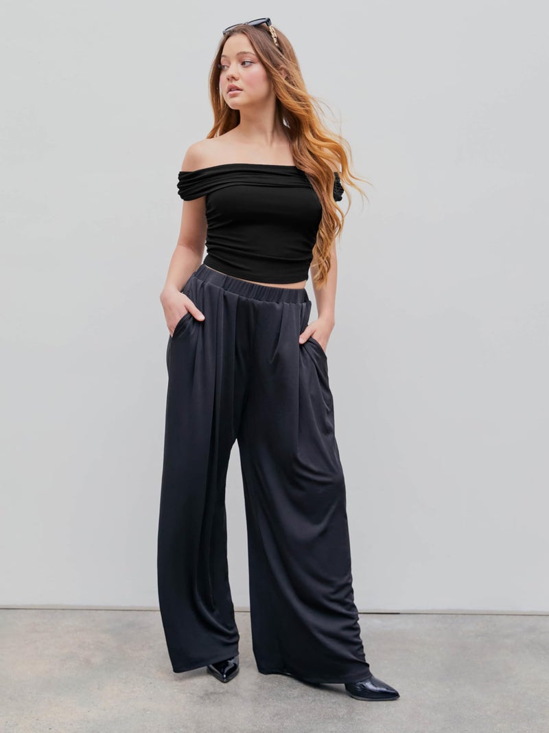 CIDER Palazzo Pants for Women Wide Leg Flowy Pants with Pockets Elastic Mid Waist Summer Beach Vacation Outfits Lightweight Black - Image 2