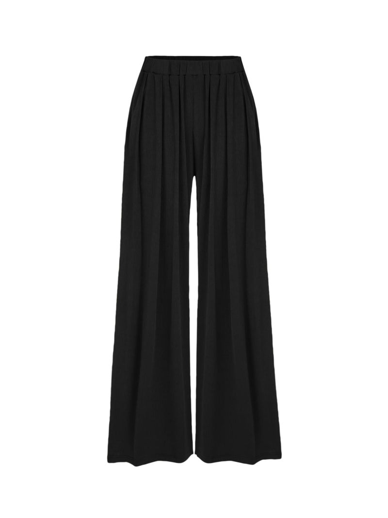 CIDER Palazzo Pants for Women Wide Leg Flowy Pants with Pockets Elastic Mid Waist Summer Beach Vacation Outfits Lightweight Black - Image 1