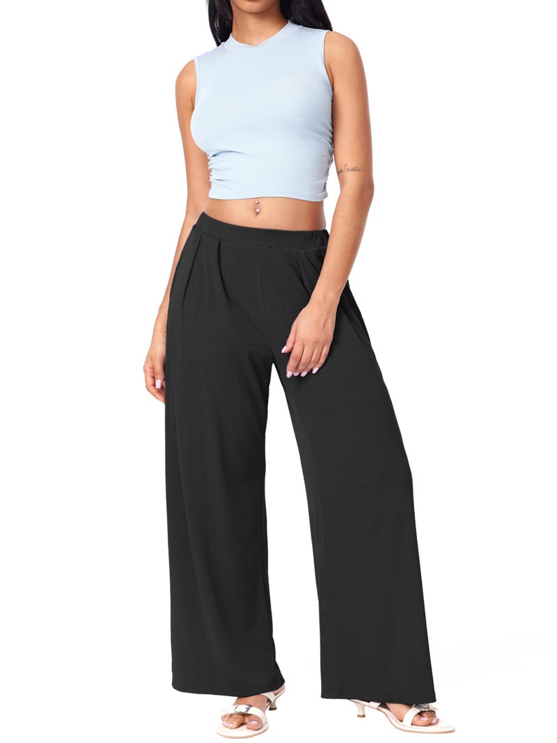 CIDER Palazzo Pants for Women Wide Leg Flowy Pants with Pockets Elastic Mid Waist Summer Beach Vacation Outfits Lightweight Black - Image 5
