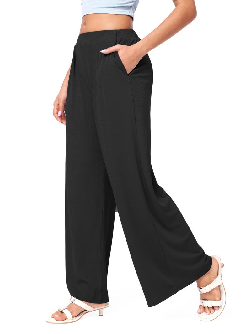 CIDER Palazzo Pants for Women Wide Leg Flowy Pants with Pockets Elastic Mid Waist Summer Beach Vacation Outfits Lightweight Black - Image 4