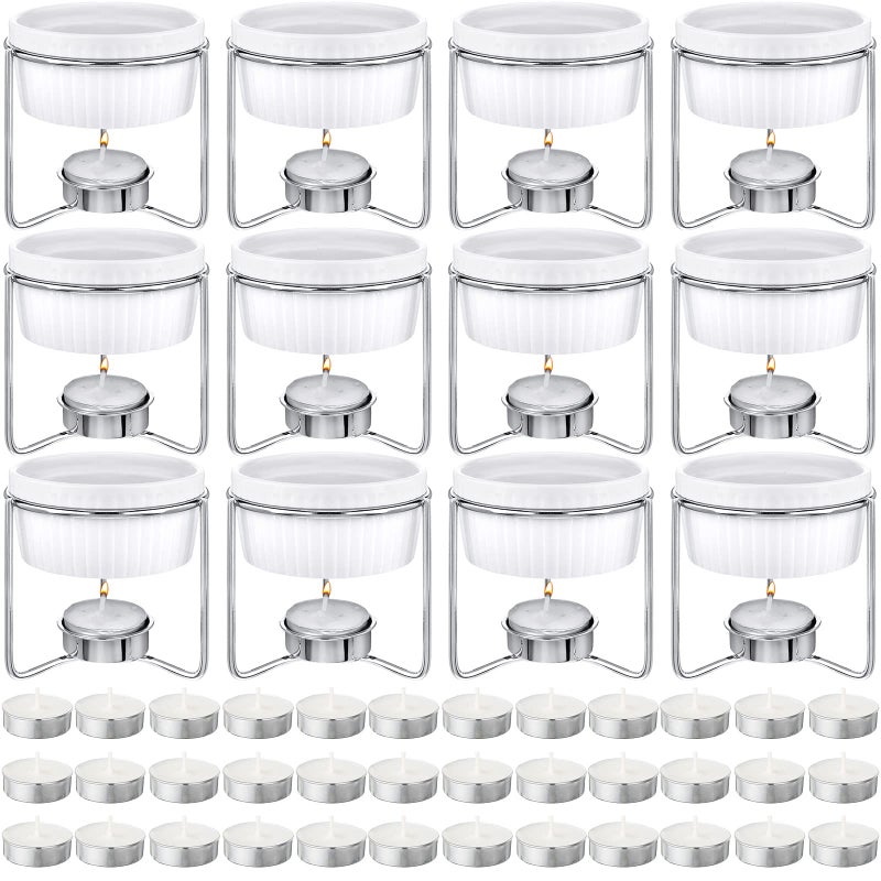 Leelosp 60 Pcs Ceramic Butter Warmers Set, Include 12 Butter Warmers for Seafood Melter with Stands, 48 Tea Light Candles Food Warmer Candle for Fondue Chocolate Dishwasher Microwave Oven Safe - Image 1