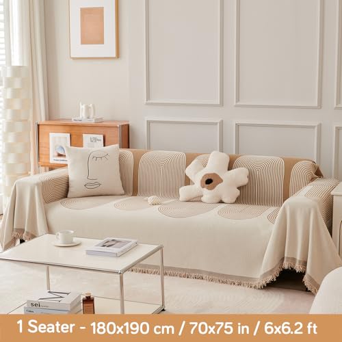 HOKIPO All Season Printed Chenille Sofa Cover Throw Blanket for 1 Seater Sofa, Size 180x190 cm, Sand Brown (AR-5214-SBRN) - Image 3