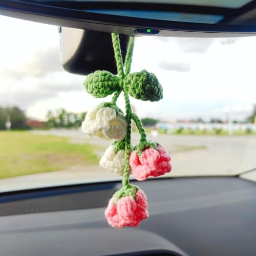 Motaney Crochet Plants Rear View Mirror Accessories Lily of The Valley Flower Car Decor Cute Car Accessories for Women Interior Hanging OrnamentBag CharmsCurtain Tiebacks - Image 1
