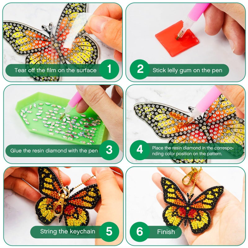 Henoyso 24 Pcs Diamond Painting Keychains Butterfly Diamond Art Kits for Adults, DIY 5d Double Sided Key Rings Drill Kit Dot Painting Ornaments Set for Adult Beginners Christmas Art Craft Gift - Image 5