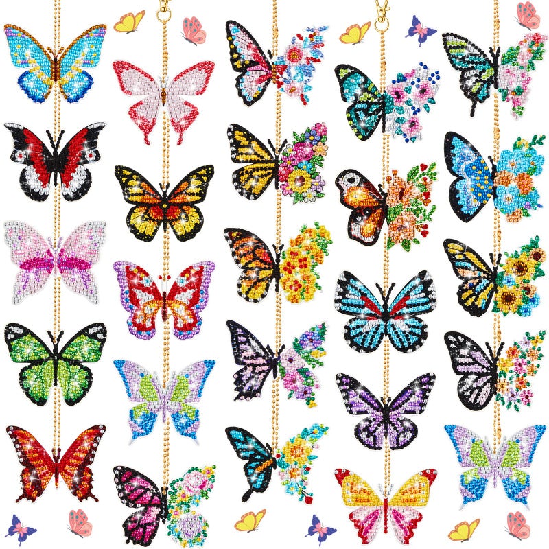 Henoyso 24 Pcs Diamond Painting Keychains Butterfly Diamond Art Kits for Adults, DIY 5d Double Sided Key Rings Drill Kit Dot Painting Ornaments Set for Adult Beginners Christmas Art Craft Gift - Image 1