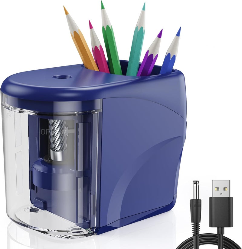 RIYO RIYO Electric Pencil Sharpener Heavy-Duty Helical Blade Sharpener USB/Battery Operated for No.2/ (6-8mm) Pencils with Auto Stop & Cleaning Brush in School/Classroom/Office (Blue no Adapter) - Image 1