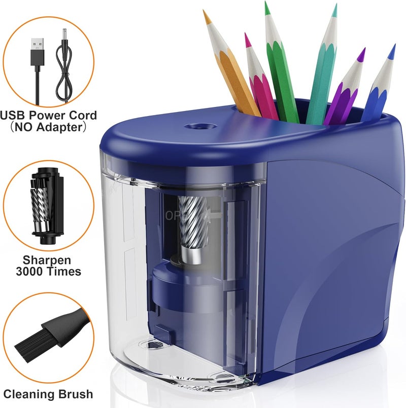 RIYO RIYO Electric Pencil Sharpener Heavy-Duty Helical Blade Sharpener USB/Battery Operated for No.2/ (6-8mm) Pencils with Auto Stop & Cleaning Brush in School/Classroom/Office (Blue no Adapter) - Image 2