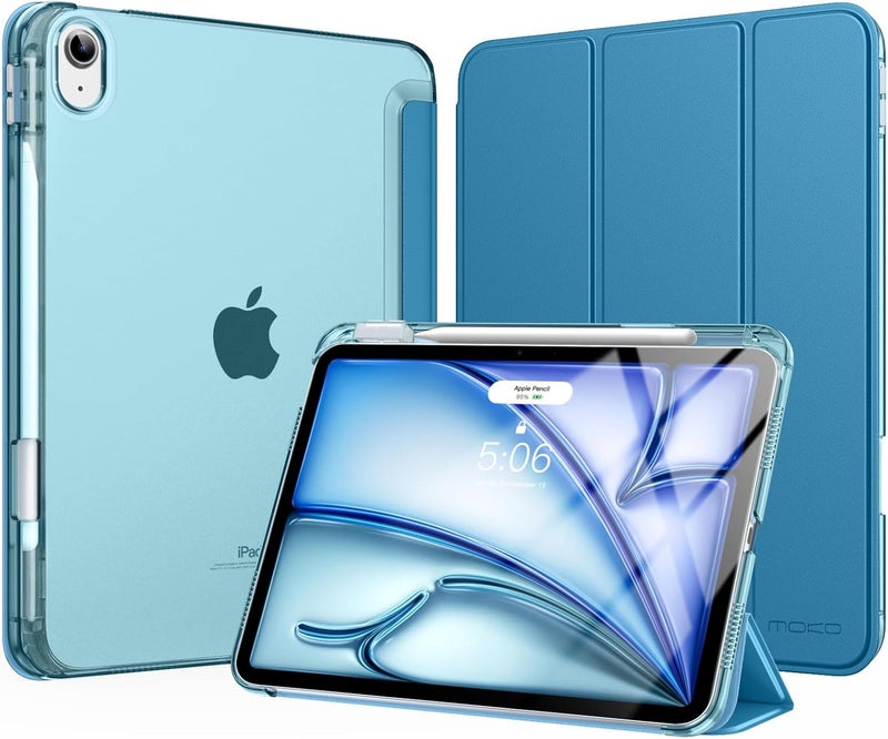 MoKo for iPad Air 11 inch Case (M4/M3/M2) 2026/2025/2024, iPad Air 5th/4th Gen 10.9 inch Case 2022/2020 with Pencil Holder, Slim Light Trifold Cover with Hard PC Translucent Back Shell, Peacock Blue - Image 1