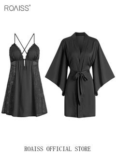 roaiss 2 Piece Nightgown Set Women's Sweet Halter Nightdress Lace Lingerie Sleepwear Home Dress Set Romantic Elegant Pajamas Ladies Spring Autumn Robe Loungewear  - Image 1