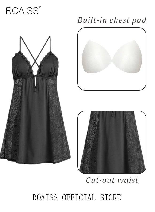 roaiss - 2 Piece Nightgown Set Women's Sweet Halter Nightdress Lace Lingerie Sleepwear Home Dress Set Romantic Elegant Pajamas Ladies Spring Autumn Robe Loungewear - Image 1
