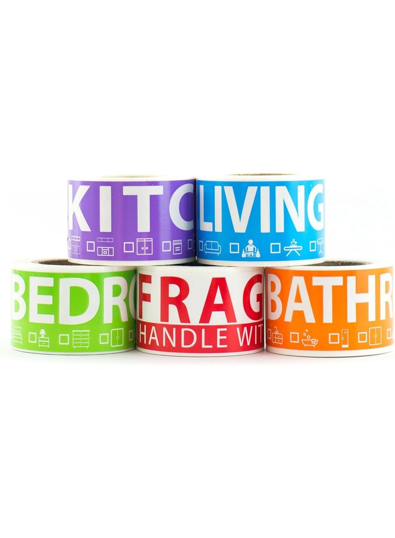 250 ملصق نقل للمنزل لغرفة نوم واحدة - 50 ملصق لكل غرفة، 5 لفات بألوان مختلفة - يشمل ملصق "خوازيق" - للصناديق والمواد والخزانة - Image 1